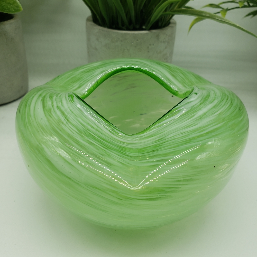 Kreiss Vintage Light Green White Swirl Wavy Top Art Glass Bowl or Ashtray